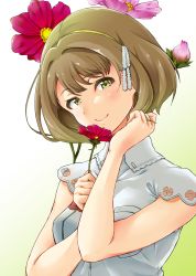 Rule 34 | 1girl, ao (time-leap), blush, breasts, brown hair, flower, gradient background, green eyes, hairband, holding, holding own hair, looking at viewer, short hair, smile, solo, tokyo 7th sisters, wanibuchi emoko