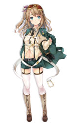 Rule 34 | 1girl, binoculars, blush, boots, bow, brown footwear, brown hair, brown shirt, character request, collared shirt, commentary request, eyewear on head, formation girls, full body, garter straps, green eyes, green jacket, green shorts, hair between eyes, hair bow, head tilt, jacket, jacket on shoulders, knee boots, long hair, long sleeves, looking at viewer, military jacket, navel, official art, one side up, red bow, shirt, short shorts, shorts, simple background, solo, standing, striped, striped bow, suihi, sunglasses, thighhighs, thighhighs under boots, white background, white thighhighs