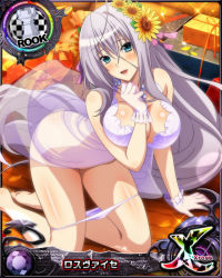 Rule 34 | 1girl, antenna hair, aqua eyes, ass, breasts, card (medium), character name, chess piece, cleavage, dress, flower, hair flower, hair ornament, hair ribbon, high school dxd, large breasts, long hair, looking at viewer, official art, open mouth, panties, panty pull, ribbon, rook (chess), rossweisse, see-through, see-through dress, silver hair, smile, solo, sunflower, sunflower hair ornament, trading card, underwear, very long hair, white dress, white panties