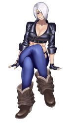 Rule 34 | 1girl, abs, absurdres, angel (kof), black gloves, blue eyes, blue pants, boots, breasts, brown footwear, chaps, commission, cowboy boots, crop top, cropped jacket, fingerless gloves, full body, gloves, hair over one eye, hanny (uirusu chan), highres, invisible chair, jacket, large breasts, leather, leather jacket, midriff, pants, short hair, silver hair, sitting, sleeves rolled up, snk, solo, tassel, the king of fighters, unzipped