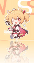 Rule 34 | 1girl, ;d, ahoge, animal ears, arknights, black cape, black dress, black gloves, blonde hair, blush, boots, bow, cape, character name, chibi, chinese text, dress, fang, full body, gloves, hair bow, highres, holding, holding microphone stand, looking at viewer, medium hair, microphone stand, necktie, one eye closed, open mouth, red bow, red cape, red eyes, red necktie, renren, short twintails, skin fang, smile, solo, sora (arknights), sparkle, tail, twintails, two-sided cape, two-sided fabric, white footwear, wolf ears, wolf girl, wolf tail