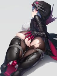 Rule 34 | 1girl, absurdres, arm belt, ass, black cloak, black hoodie, blue hair, blurry, bodysuit, breasts, buttons, clawed gauntlets, cloak, commentary, depth of field, feathers, hand on own ass, highres, honkai (series), honkai impact 3rd, hood, hoodie, large breasts, looking at viewer, looking back, lying, on stomach, partial bodysuit, raven (honkai impact), red eyes, scallion15, short hair, simple background, skin tight, skindentation, solo, torn bodysuit, torn clothes