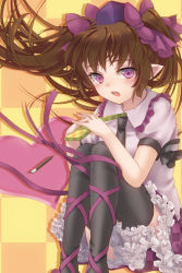 Rule 34 | 1girl, :o, bad id, bad pixiv id, black thighhighs, bow, brown hair, cellphone, checkered background, female focus, frills, gathers, geroro, hair bow, hat, himekaidou hatate, long hair, looking at viewer, open mouth, phone, purple eyes, sitting, skirt, solo, teeth, thighhighs, tokin hat, touhou, twintails, very long hair