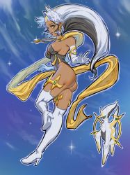 Rule 34 | 1girl, annie lyce, arceus, armpit crease, ass, black hair, black leotard, blue background, boots, breasts, creatures (company), dark-skinned female, dark skin, earrings, elbow gloves, full body, game freak, gen 4 pokemon, gloves, green eyes, grey hair, high heels, highres, jewelry, legendary pokemon, leotard, long hair, looking at viewer, medium breasts, multicolored hair, mythical pokemon, necklace, night, night sky, nintendo, original, outline, personification, pokemon, pokemon (creature), pokemon legends: arceus, sky, star (sky), thigh boots, thighhighs, thighlet, white gloves, white outline, white thighhighs
