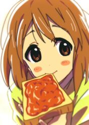 Rule 34 | 1girl, bad tag, blush, bread, bread slice, brown eyes, brown hair, closed mouth, commentary, food, food in mouth, green shirt, hirasawa yui, k-on!, kimura (pixiv79722552), looking at viewer, looking to the side, mouth hold, shirt, short hair, simple background, smile, solo, toast, toast in mouth, white background