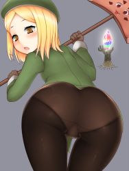Rule 34 | 1girl, ass, axe, black pantyhose, blonde hair, blush, cameltoe, crystal, embarrassed, fate/grand order, fate (series), from behind, gloves, green hat, hat, leaning, leaning forward, looking at viewer, looking back, moshi (atelier33-4), open mouth, orange eyes, panties, panties under pantyhose, pantyhose, paul bunyan (fate), short hair, simple background, solo, standing, underwear, vyrn (granblue fantasy), weapon