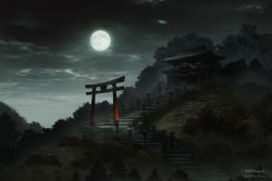 Rule 34 | cinkai, cloud, cloudy sky, commentary request, full moon, lantern, moon, night, no humans, original, outdoors, scenery, shrine, sky, stairs, torii, tree