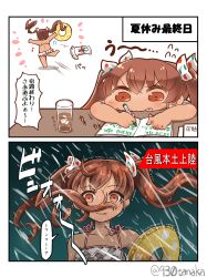 Rule 34 | 10s, 1girl, 2koma, :d, back, beamed quavers, book, brown eyes, brown hair, collarbone, comic, commentary request, crayon, cup, dark-skinned female, dark skin, drinking glass, fang, glass, hair ribbon, highres, iced tea, innertube, kantai collection, libeccio (kancolle), long hair, looking at viewer, musical note, open mouth, pleated skirt, quaver, rain, ribbon, school uniform, serafuku, skirt, smile, solo, swim ring, swimsuit, tan, tanaka kusao, translated, twitter username, undressing, very long hair, wet, wet clothes, wind, writing