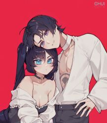 Rule 34 | 1boy, 1girl, absurdres, alternate costume, bare shoulders, black hair, breasts, chin rest, chui art, cleavage, collarbone, genshin impact, head on head, head rest, highres, jewelry, long hair, looking at viewer, mona (genshin impact), multiple rings, open clothes, open mouth, open shirt, puffy short sleeves, puffy sleeves, red background, ring, scaramouche (genshin impact), short hair, short sleeves, simple background, small breasts, solo, stomach tattoo, tattoo, twintails
