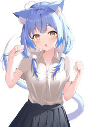 Rule 34 | 1girl, :o, absurdres, aged down, ahoge, animal ear fluff, animal ears, black skirt, blue hair, blush, breasts, cat ears, cat tail, cilu shinomori, collared shirt, cowboy shot, dress shirt, extra ears, fang, hair over shoulder, hands up, heart, heart ahoge, highres, hololive, kemonomimi mode, long hair, looking at viewer, medium breasts, multicolored hair, paw pose, pleated skirt, pointy ears, ribbon, school uniform, shirt, shirt tucked in, short sleeves, sidelocks, simple background, skirt, solo, streaked hair, tail, tail ornament, tail raised, tail ribbon, twintails, virtual youtuber, white background, white shirt, yellow eyes, yukihana lamy