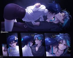 Rule 34 | 2boys, absurdres, alternate costume, annidrw, biting, black shirt, black shorts, blood sucking, blue hair, braid, closed eyes, commentary, earrings, english commentary, fangs, flower, genshin impact, gradient hair, hair flower, hair ornament, highres, jewelry, licking, licking another&#039;s neck, long sleeves, male focus, multicolored hair, multiple boys, neck biting, one eye closed, open mouth, red eyes, scar, scar on neck, shirt, short hair, shorts, thighhighs, tongue, twin braids, vampire, venti (genshin impact), white shirt, white thighhighs, xiao (genshin impact), yaoi, yellow eyes