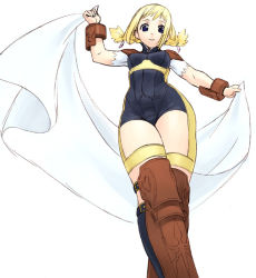 Rule 34 | 00s, 1girl, armband, armor, blonde hair, bodysuit, boots, brown footwear, final fantasy, final fantasy xii, from below, greaves, jinroku, penelo, simple background, solo, twintails, unitard, white background