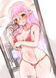 Rule 34 | 1girl, absurdres, bikini, blush, breasts, cellphone, cleavage, green eyes, harigane shinshi, highres, holding, holding phone, indoors, long hair, looking at viewer, medium breasts, mirror, navel, original, phone, pink hair, pointy ears, reaching, reaching towards viewer, reflection, selfie, smartphone, smile, solo, swimsuit, taking picture, wavy hair
