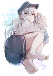 Rule 34 | 1girl, absurdres, alternate costume, barefoot, black headwear, black shorts, blue eyes, commentary request, fetal position, full body, hibiki (kancolle), highres, hood, hooded sweater, hoodie, kantai collection, long hair, looking at viewer, lying, on side, shorts, silver hair, solo, sweater, taisho (gumiyuki), white background