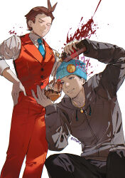 Rule 34 | 2boys, absurdres, ace attorney, annoyed, antenna hair, apollo justice, aqua necktie, arm up, badge, banana split, beanie, beard stubble, black pants, blood, blue eyes, blue headwear, blush, brown hair, button badge, buttons, cherry, chocolate syrup, closed eyes, collared shirt, commentary, drawstring, drooling, e schaton, english commentary, english text, facial hair, feet out of frame, fingernails, food, food on body, food on penis, forked eyebrows, fruit, grey hoodie, grin, hand up, hands on own hips, hat, highres, hood, hood down, hoodie, jewelry, lapel pin, lapels, long sleeves, looking at penis, male focus, multiple boys, necktie, open fly, pants, pendant, penis, phoenix wright, pocket, red pants, red vest, shirt, short hair, simple background, sleeves rolled up, smile, squatting, standing, stubble, sweat, uncensored, vest, whipped cream, white background, white shirt, yaoi, zipper