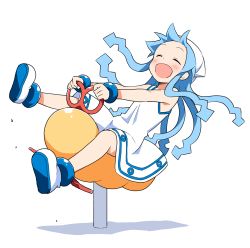 Rule 34 | 1girl, ^ ^, anbe masahiro, ankle boots, anklet, armpit peek, bare arms, blue bracelet, blue eyes, blue hair, blush, boots, bracelet, closed eyes, dot nose, dress, full body, hands on own hips, happy, hat, highres, ikamusume, jewelry, long hair, open mouth, prehensile hair, shadow, shinryaku! ikamusume, simple background, sitting, sleeveless, sleeveless dress, smile, solo, squid hat, standing, tareme, tentacle hair, white background, white dress, white footwear, white hat