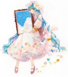 Rule 34 | 1girl, bird, blue flower, blue hair, bow, brown eyes, brown footwear, brown vest, cloud, dress, floral print, flower, frilled dress, frills, full body, head scarf, highres, holding, long hair, looking at viewer, mary janes, orange flower, original, painting (medium), painting (object), parted lips, photo (medium), picture frame, pink flower, puffy sleeves, rabbit, shirt, shoes, simple background, sitting, skirt, sky, sleeve bow, solo, srnmomo, stuffed animal, stuffed rabbit, stuffed toy, traditional media, very long hair, vest, watercolor (medium), white background, white dress, white shirt, white skirt, yellow bow