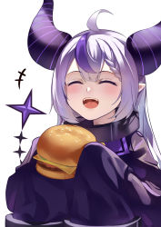 Rule 34 | +++, 1girl, ahoge, blush, braid, burger, collar, commentary request, demon horns, donggua bing cha, closed eyes, food, highres, holding, holding food, hololive, horns, jacket, la+ darknesss, long sleeves, metal collar, multicolored hair, open mouth, pointy ears, purple hair, purple jacket, silver hair, simple background, sleeves past fingers, sleeves past wrists, solo, streaked hair, upper body, virtual youtuber, white background
