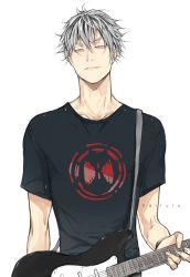 Rule 34 | 1boy, artist name, black shirt, bokuto koutarou, collarbone, electric guitar, fender stratocaster, grey hair, guitar, haikyuu!!, holding, holding instrument, instrument, looking at viewer, male focus, naru (rurukiu), parted lips, shirt, short hair, short sleeves, simple background, solo, t-shirt, upper body, white background, yellow eyes