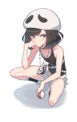 Rule 34 | 1girl, black eyes, black hair, cosplay, creatures (company), game freak, hand on own face, hat, highres, holding, holding poke ball, jewelry, necklace, nintendo, poke ball, poke ball (basic), pokemon, pokemon sm, selene (pokemon), short hair, shorts, simple background, solo, squatting, supernew, tank top, team skull, team skull (cosplay), team skull grunt, team skull grunt (cosplay), white background