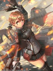 Rule 34 | 10s, 1girl, anchor hair ornament, bespin, black thighhighs, blonde hair, cannon, cross, gloves, hair ornament, hat, unworn hat, unworn headwear, iron cross, kantai collection, long hair, long sleeves, microskirt, military, military uniform, ocean, peaked cap, prinz eugen (kancolle), skirt, smile, solo, thighhighs, torpedo, turret, twintails, uniform, water, white gloves