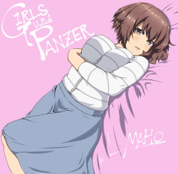Rule 34 | 1girl, ada badguy, blue skirt, blush, breasts, brown eyes, brown hair, character name, copyright name, girls und panzer, highres, large breasts, long skirt, looking at viewer, lying, nishizumi maho, on back, open mouth, shirt, short hair, skirt, solo, striped clothes, striped shirt