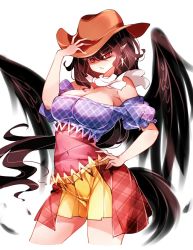 Rule 34 | 1girl, bandana, bare shoulders, black hair, black wings, blue shirt, breasts, brown hat, cleavage, commentary request, covered navel, cowboy hat, cowboy shot, earrings, eyelashes, feathered wings, glint, hair between eyes, hand on headwear, hand up, hat, highres, jewelry, kurokoma saki, large breasts, long hair, looking at viewer, miniskirt, no nose, off-shoulder shirt, off shoulder, plaid, pleated skirt, pointy ears, puffy short sleeves, puffy sleeves, raptor7, red eyes, shirt, short sleeves, simple background, skirt, solo, standing, tail, thighs, touhou, unmoving pattern, very long hair, white background, wings, yellow skirt