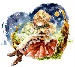 Rule 34 | 1girl, ankle boots, apron, blue sky, blunt bangs, boots, brown footwear, capelet, closed eyes, closed mouth, flower wreath, full body, head wreath, heart, hood, inishie no megami to houseki no ite, kurumagi, pink hair, red skirt, shaded face, shoes, short hair, sitting, skirt, sky, smile, solo, star (symbol), white apron