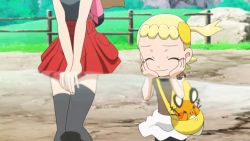 Rule 34 | &gt; &lt;, 2girls, animated, animated gif, black legwear, blonde hair, blue eyes, bonnie (pokemon), creatures (company), dedenne, game freak, gen 6 pokemon, legs, miniskirt, multiple girls, nintendo, one side up, outdoors, pleated skirt, pokemon, pokemon (anime), pokemon (creature), serena (pokemon), short hair, skirt, thighhighs, v arms, wind, zettai ryouiki