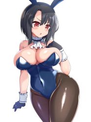 Rule 34 | 1girl, animal ears, black gloves, black hair, blue leotard, blush, bow, bowtie, breasts, covered navel, cowboy shot, curvy, detached collar, fake animal ears, fake tail, gloves, hair between eyes, hand on own chest, highleg, highleg leotard, highres, kantai collection, kurokoshou (emuburemu123), large breasts, leotard, open mouth, pantyhose, playboy bunny, rabbit ears, rabbit tail, red eyes, shiny clothes, short hair, simple background, solo, strapless, strapless leotard, tail, takao (kancolle), traditional bowtie, white background, wide hips, wrist cuffs