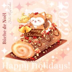 Rule 34 | 2022, artist name, bell, bird, blush stickers, bow, cake, chibi, chick, chocolate, chocolate syrup, chocomiruki, cranberry, food, food focus, fox, happy holidays, merry christmas, mushroom, no humans, original, sprinkles, swiss roll, tongue, tongue out, yule log (cake)