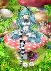 Rule 34 | 1girl, alice (alice in wonderland), alice (alice in wonderland) (cosplay), alice in wonderland, cat, cheshire cat (alice in wonderland), cosplay, cup, dress, green eyes, green hair, hatsune miku, highres, legs, mad hatter (alice in wonderland), mad hatter (alice in wonderland) (cosplay), mushroom, saiki2, sitting, sitting on object, striped clothes, striped thighhighs, teacup, teapot, thighhighs, twintails, vocaloid