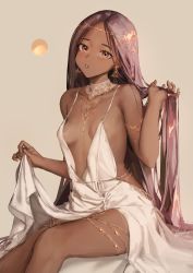 Rule 34 | 1girl, bare shoulders, breasts, clothes lift, commentary, dark-skinned female, dark skin, demi (nashidrop), dress, dress lift, earrings, hand in own hair, hand up, highres, jewelry, lifting own clothes, long hair, looking at viewer, nashidrop, necklace, original, purple hair, red eyes, simple background, sitting, small breasts, solo, straight hair, triangle earrings, very long hair, white dress