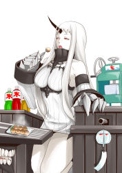 Rule 34 | 10s, 1girl, abyssal ship, bare shoulders, bottle, breasts, cannon, claws, colored skin, detached sleeves, dress, eating, food, highres, horns, ice shaver, kantai collection, kneeling, large breasts, long hair, open mouth, red eyes, ribbed dress, satsumaimo pai, seaport princess, short dress, sideboob, single horn, solo, steam, takoyaki, very long hair, white hair, white skin