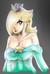 Rule 34 | 1girl, blonde hair, blue eyes, breasts, cleavage, crown, dress, earrings, jewelry, large breasts, looking to the side, mario (series), monochrome background, nintendo, rosalina, sketch, super mario bros. 1, super mario galaxy, xpisigma