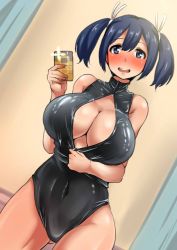 Rule 34 | 10s, 1girl, ayuayu (shouyu no sato), blue eyes, blue hair, blush, breasts, cellphone, cleavage, female focus, front zipper swimsuit, hair ribbon, kantai collection, large breasts, latex, looking at viewer, matching hair/eyes, meme attire, one-piece swimsuit, open mouth, phone, ribbon, selfie, short hair, smile, solo, souryuu (kancolle), swimsuit, twintails