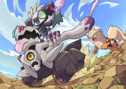 Rule 34 | arcanine, blue sky, brown eyes, chasing, cloud, creatures (company), day, dust cloud, fangs, game freak, gen 1 pokemon, grafaiai, grass, green eyes, highres, nintendo, on ground, open mouth, pokemon, pokemon (creature), q-chan, revavroom, riding, riding pokemon, rock, sky, tongue, tongue out, yellow eyes