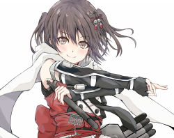 Rule 34 | 1girl, black gloves, brown eyes, brown hair, dairyo3, elbow gloves, fingerless gloves, fishnets, gloves, hair ornament, highres, holding, holding torpedo, kantai collection, looking at viewer, medium hair, multicolored clothes, ninja, obi, outstretched arms, red shirt, sash, scarf, school uniform, sendai (kancolle), sendai kai ni (kancolle), serafuku, shirt, sleeveless, smile, solo, torpedo, torpedo tubes, two side up, upper body, weapon, white scarf