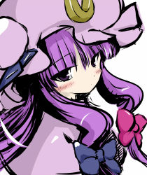 Rule 34 | 1girl, blush, bow, close-up, coo (coonekocoo), female focus, hair bow, hair ribbon, hat, highres, looking back, patchouli knowledge, purple eyes, purple hair, ribbon, solo, touhou