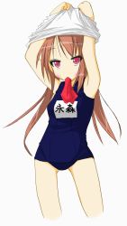 Rule 34 | 00s, armpits, arms up, brown hair, clothes lift, long hair, lucky star, mouth hold, nagamori yamato, one-piece swimsuit, purple eyes, school swimsuit, shirt lift, solo, swimsuit, umiato, undressing