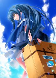 Rule 34 | 1girl, arm support, black dress, black hair, black hairband, blue capelet, blue sky, capelet, cloud, day, dress, from below, hair ornament, hairband, highres, kushima kamome, long hair, looking at viewer, looking back, luggage, one eye closed, sitting, skull and crossbones, skull hair ornament, sky, smile, solo, suitcase, summer pockets, yellow eyes, zen (kamuro)