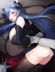 Rule 34 | 1boy, 1girl, ass, august von parseval (azur lane), azur lane, bare shoulders, black dress, black thighhighs, blue hair, breasts, cleavage, curled horns, detached sleeves, dress, from above, gloves, hatte (bsrmkr), highres, holding another&#039;s wrist, horns, large breasts, long hair, looking at viewer, mechanical horns, purple eyes, thighhighs, very long hair, white gloves