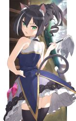 Rule 34 | 1girl, animal ear fluff, animal ears, ass, bare arms, bare shoulders, black hair, black thighhighs, breasts, cat ears, cat girl, cat tail, commentary request, day, duster, fang, frilled skirt, frills, green eyes, grey hair, hair between eyes, hayashi kewi, holding, indoors, karyl (princess connect!), looking at viewer, looking to the side, multicolored hair, no detached sleeves, open mouth, ponytail, princess connect!, purple skirt, shirt, signature, skirt, sleeveless, sleeveless shirt, small breasts, solo, standing, streaked hair, tail, thighhighs, v-shaped eyebrows, white shirt, window