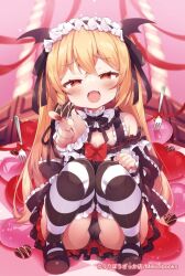 Rule 34 | 1girl, :d, bare shoulders, blonde hair, blush, bow, bow choker, candy, chocolate, chocolate bar, chocolate heart, dress, fang, food, frilled bow, frilled dress, frilled sleeves, frilled thighhighs, frills, hair bow, hair ribbon, head wings, heart, long hair, maid headdress, msp sammy, nail polish, open mouth, original, panties, red eyes, red nails, red ribbon, ribbon, sharing food, shoes, smile, smug, striped clothes, striped thighhighs, thighhighs, twintails, underwear, uwabaki, valentine, wings