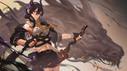 Rule 34 | 1girl, arknights, black bag, black gloves, black jacket, black shorts, blue hair, breasts, ch&#039;en (arknights), collared shirt, cowboy shot, creature, dragon, dragon girl, dragon horns, dragon tail, dual wielding, fingerless gloves, fur-tipped tail, gloves, grey background, hair between eyes, hands up, highres, holding, holding sword, holding weapon, horns, id card, jacket, long hair, looking at viewer, low twintails, midriff, navel, necktie, off shoulder, open clothes, open jacket, orange necktie, pouch, red eyes, shirt, shorts, sleeveless, sleeveless shirt, small breasts, sword, tail, twintails, weapon, white shirt, ying shi de xia yeji