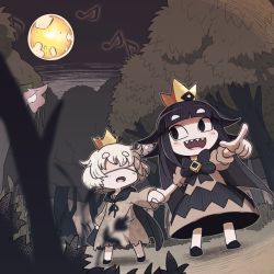 Rule 34 | 1boy, 1girl, black bow, black dress, black hair, blind prince, bow, cape, crown, dress, flower, forest, holding hands, houten (dre a mer), liar princess, looking at another, moon, musical note, nature, pointing, sharp teeth, teeth, tree, usotsuki hime to moumoku ouji, white hair