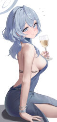 Rule 34 | 1girl, absurdres, ako (blue archive), ako (dress) (blue archive), arm support, backless dress, backless outfit, bare shoulders, blue archive, blue dress, blue eyes, blue hair, blue halo, blush, breasts, closed mouth, commentary, cup, dress, drinking glass, fingernails, hair between eyes, hairband, halo, highres, holding, holding cup, hoshinopurin, large breasts, looking at viewer, medium hair, nail polish, official alternate costume, purple nails, revision, side slit, sideboob, simple background, sitting, sitting on object, sleeveless, sleeveless dress, smile, solo, white background, wristband
