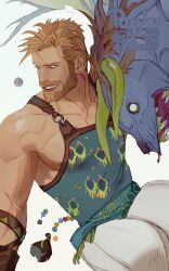 Rule 34 | 1boy, abs, artist name, bara, bare shoulders, beard, behemoth (final fantasy), blonde hair, chest hair, coin, earrings, facial hair, final fantasy, final fantasy vi, grin, jewelry, long hair, looking ahead, male focus, monster, muscular, muscular male, paexie, pants, ponytail, sabin rene figaro, simple background, smile, solo, sweat, tank top, white background, white pants