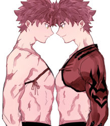 Rule 34 | 2boys, bananachoco, emiya shirou, eye contact, face-to-face, fate/grand order, fate/stay night, fate (series), from side, igote, limited/zero over, looking at another, male focus, multiple boys, muscular, profile, red hair, scar, senji muramasa (fate), short hair, smile, upper body, yellow eyes