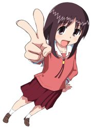 Rule 34 | 1girl, :d, brown eyes, brown footwear, brown hair, dutch angle, foreshortening, from above, hand on own hip, hand up, kasuga ayumu, light blush, loafers, looking at viewer, medium hair, morichan, open mouth, pink shirt, pleated skirt, red skirt, sailor collar, school uniform, serafuku, shirt, shoes, skirt, smile, socks, solo, standing, v, white background, white sailor collar, white socks